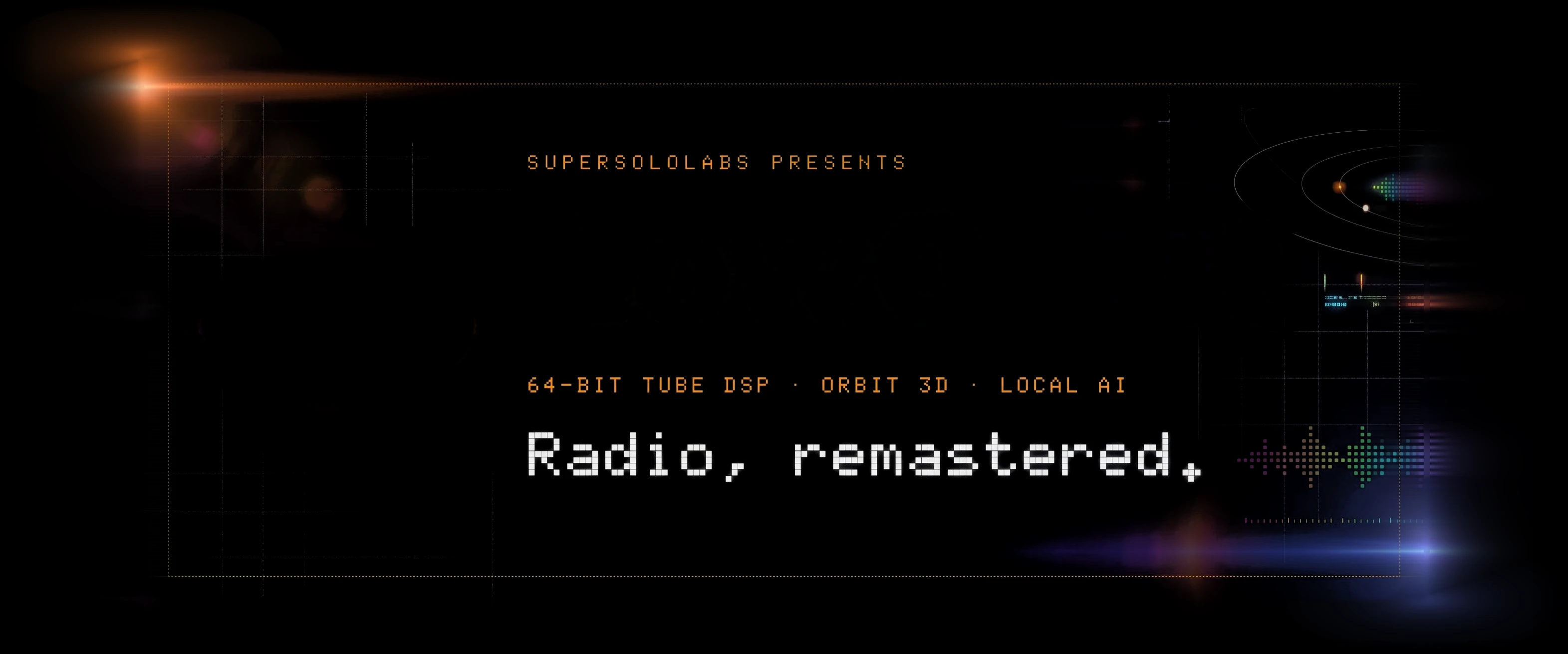 LowOrbit dot-matrix logo beside a ringed planet, with the tagline 64-bit tube DSP, Orbit 3D, local AI