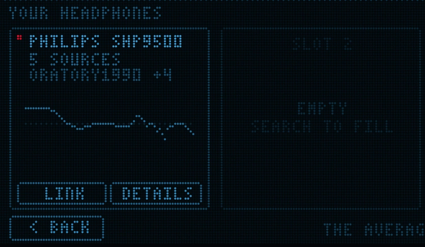 LowOrbit: Headphone correction slot showing Philips SHP9500 with 5 sources